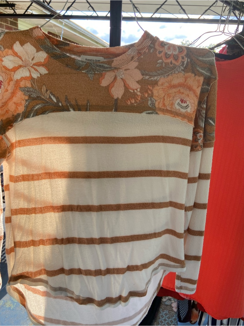 Cream and Tan Floral-Striped Long Sleeve Tunic